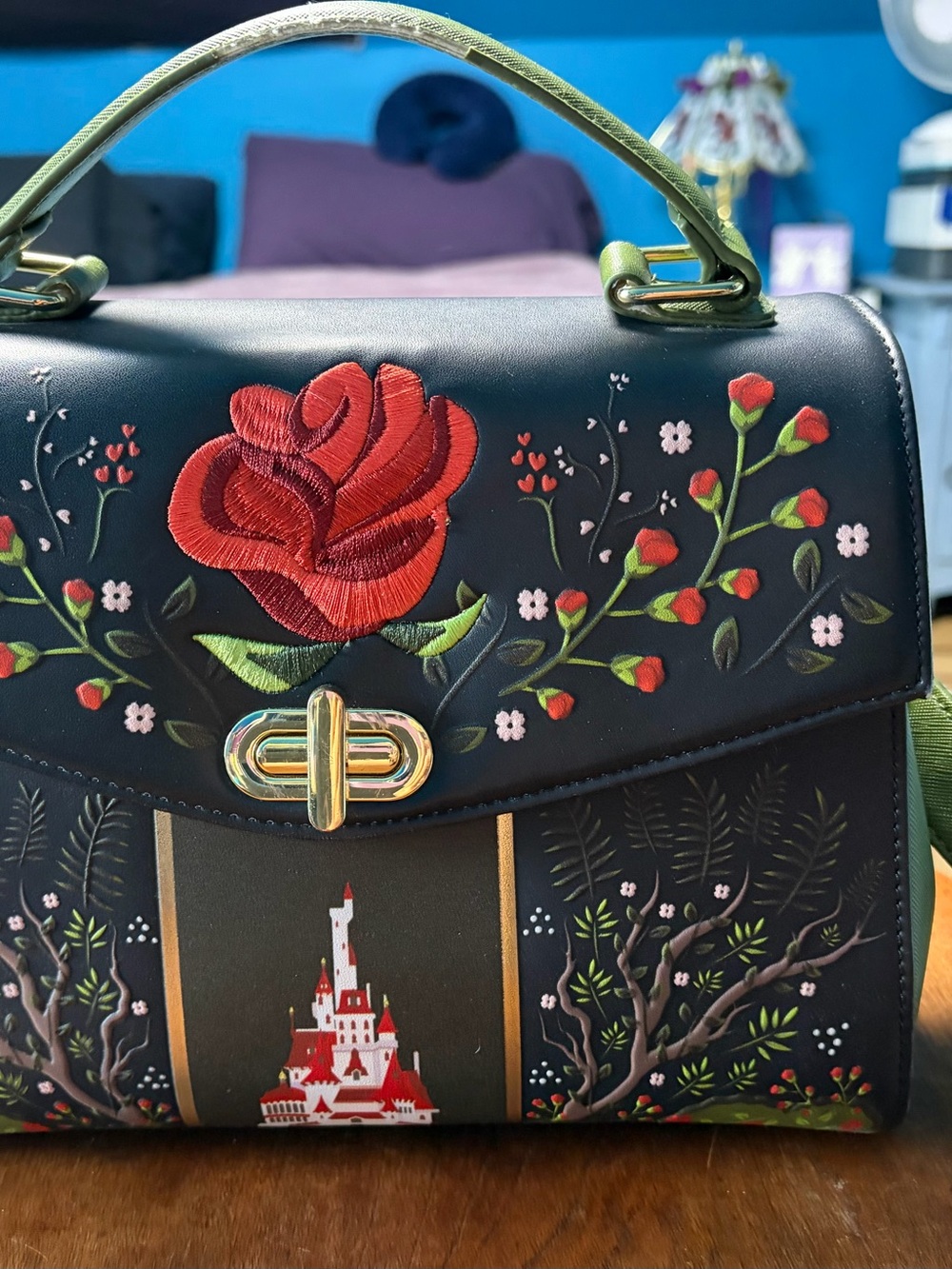 Loungefly Beauty and the Beast, green, rose and castle purse